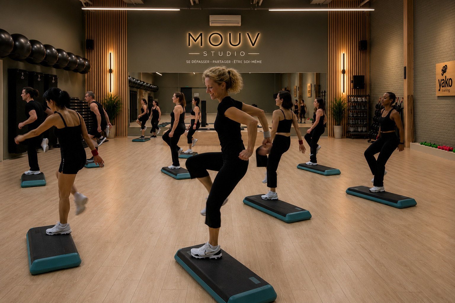 Cours de step dans une salle de sport à Valence-d'Agen avec plusieurs participants s'entraînant dans un studio moderne, lumineux et équipé de miroirs, au sein de la salle de sport Valence d'Agen MOUV Studio